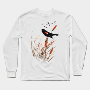 Watercolor Red-winged Blackbird Bird art Long Sleeve T-Shirt